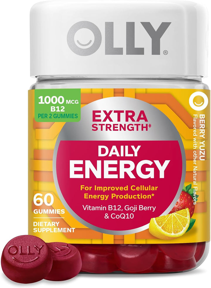 OLLY Extra Strength Daily Energy Gummy, sin cafeína, 1000 mcg de vi...