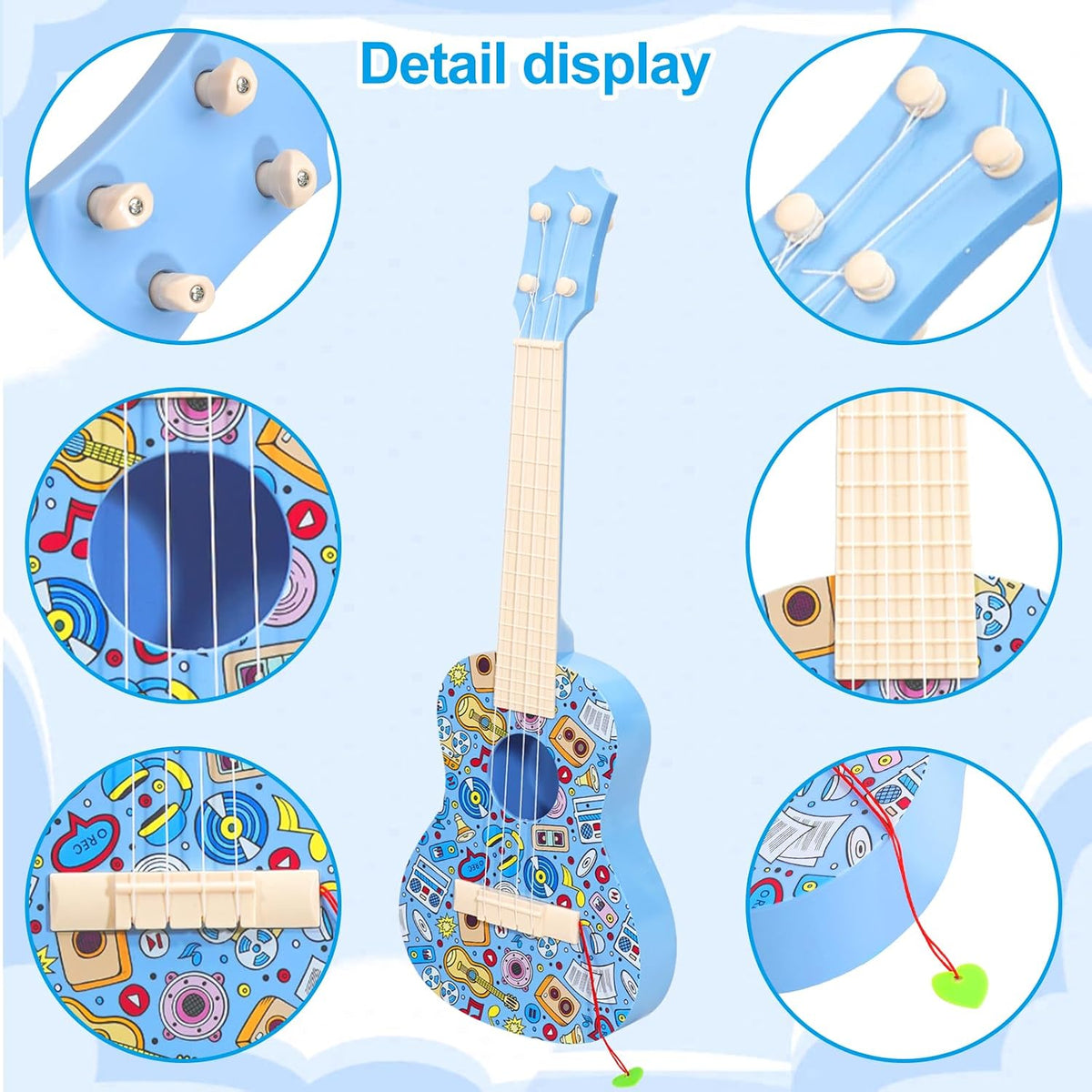 Guitarra ukelele de 21 pulgadas para niños, guitarra de juguete de grafiti con púas, color azul
