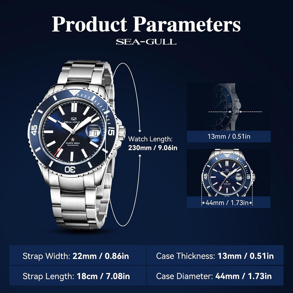 SEA-GULL - Reloj automático Seagull para hombre, correa de acero inoxidable, impermeable hasta 200M, mecánico con calendario luminoso, reloj de pulsera para negocios, casual, buceo para hombres