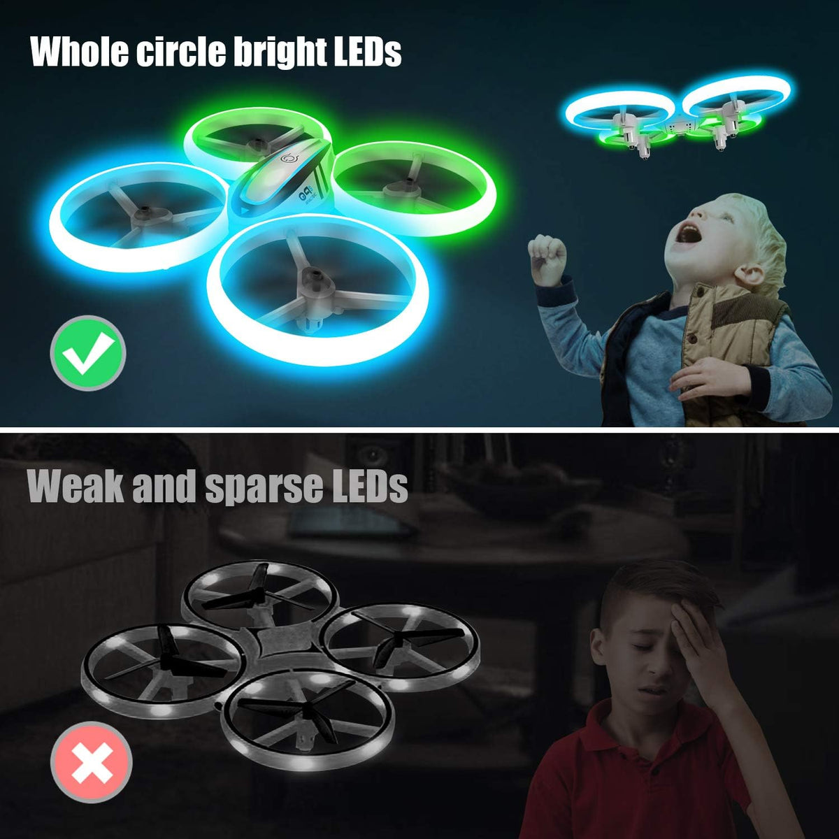 Q9s Drones para niños, dron RC con retención de altitud y modo sin cabeza, cuadricóptero con luz azul y verde, hélice de protección completa, 2 baterías y control remoto, regalos para niños y niñas