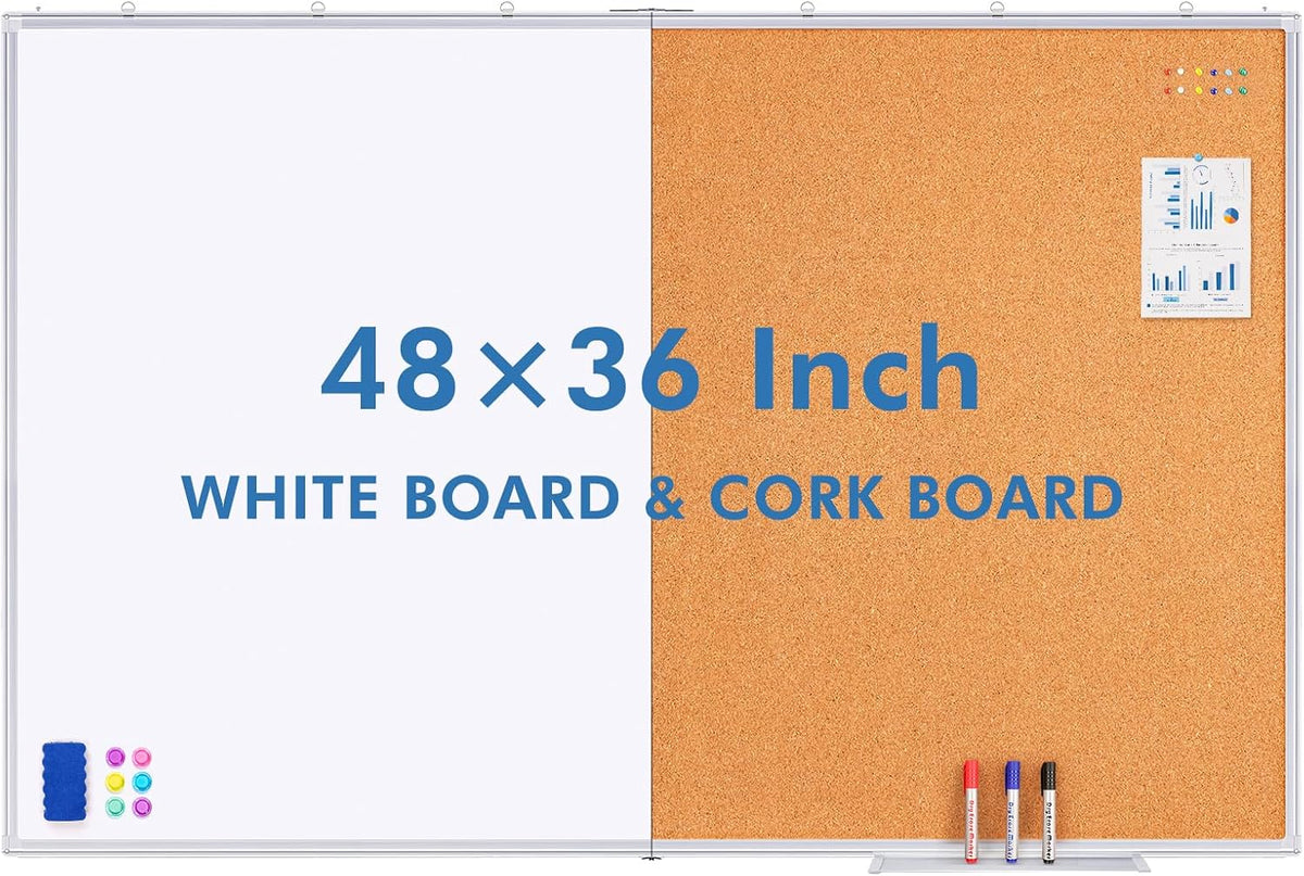 Combo de tablero magnético blanco y corcho con marco de aluminio de 48" x