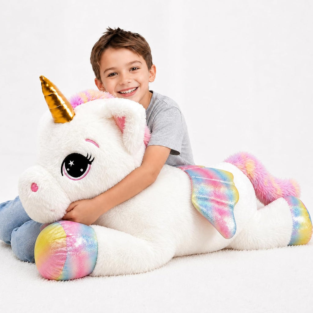 Almohada de peluche de unicornio de 32 pulgadas, suave juguete de peluche grande de unicornio con alas de arcoíris, bonita almohada para abrazar para niños, niñas y adultos, almohada de felpa