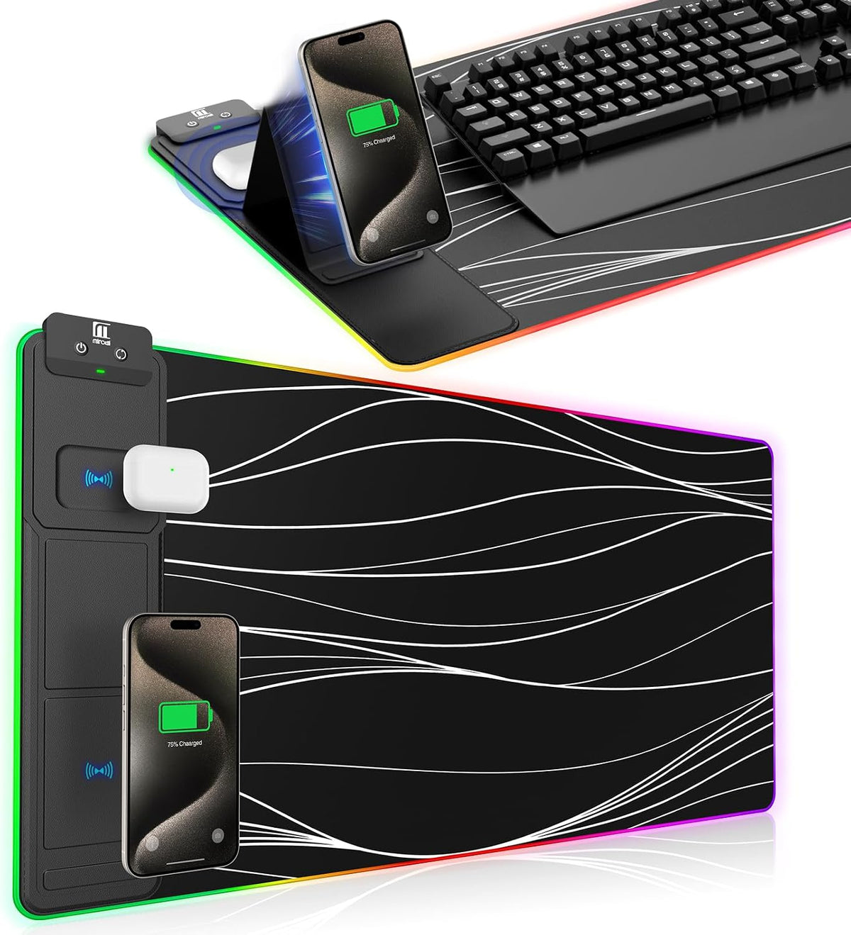 Alfombrilla de mouse XXL con soporte para teléfono, color negro, alfombrilla de escritorio RGB con carga rápida de 15 W, alfombrilla de mouse LED para juegos con 11 colores de luz, almohadilla antideslizante impermeable para oficina y hogar (onda)