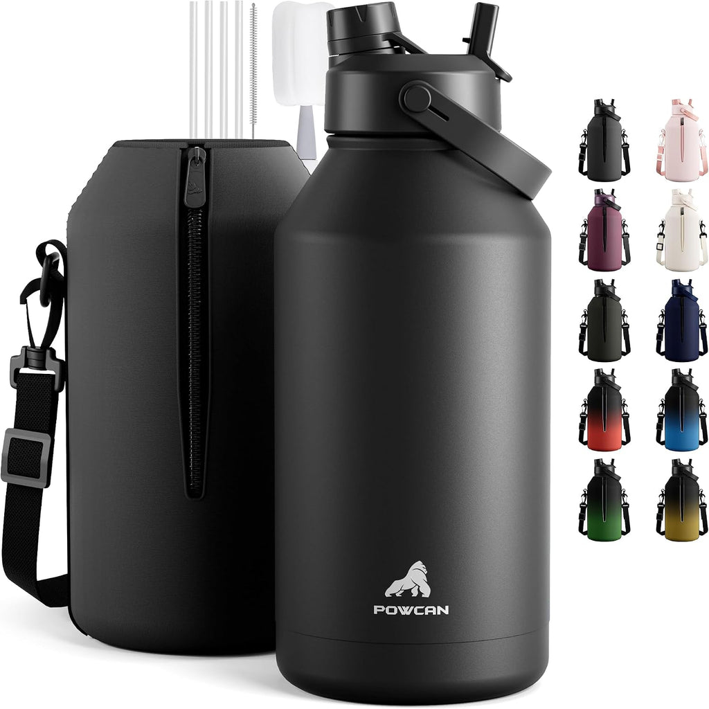 POWCAN Botella de agua aislada de 64 oz para deportes: tapa de popote y boquilla 2 en 1, a prueba de fugas, bolsa de transporte, correa para el hombro, mantiene el frío 48 horas, sin BPA, jarra de
