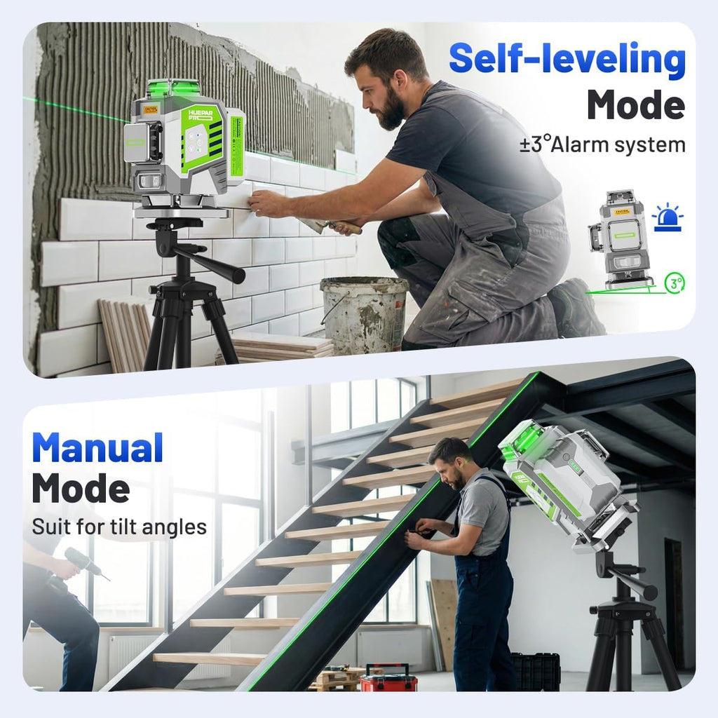 Huepar Pro Nivel láser 360 autonivelante, 4x360° verde Cross Line juego de herramientas láser con receptor para uso al aire libre y larga distancia hasta 660 pies