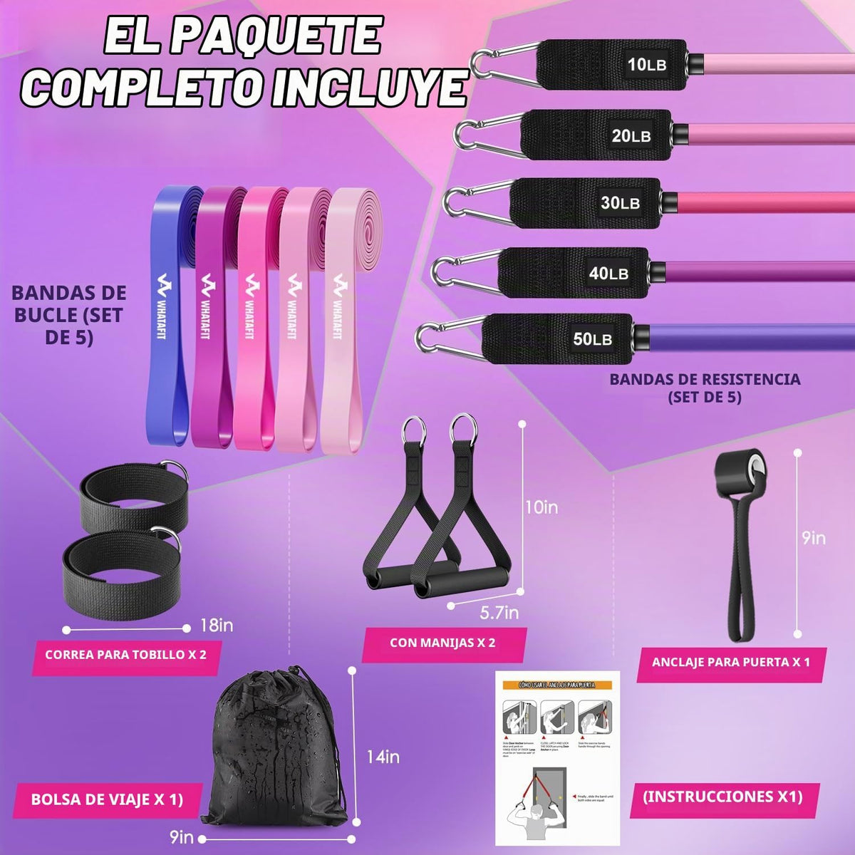 WHATAFIT Bandas de resistencia, bandas de ejercicio, bandas de resistencia para entrenamiento, bandas de entrenamiento con asas para hombres y mujeres, entrenamiento de fuerza, equipo de gimnasio en