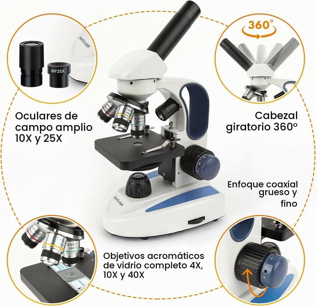 AmScope Microscopio monocular compuesto inalámbrico digital M158C-2L-E1, oculares WF10x y WF25x, aumento de 40x-1000x, iluminación LED superior e inferior con reóstato, Brightfield, condensador de una