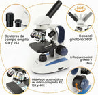 AmScope Microscopio monocular compuesto inalámbrico digital M158C-2L-E1, oculares WF10x y WF25x, aumento de 40x-1000x, iluminación LED superior e inferior con reóstato, Brightfield, condensador de una
