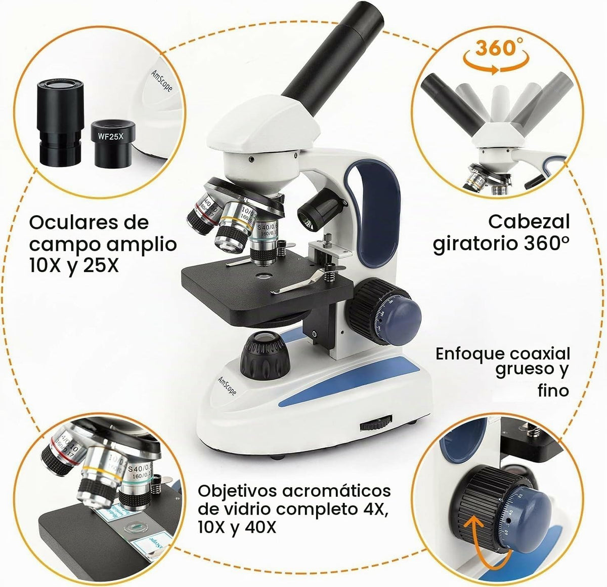 AmScope Microscopio monocular compuesto inalámbrico digital M158C-2L-E1, oculares WF10x y WF25x, aumento de 40x-1000x, iluminación LED superior e inferior con reóstato, Brightfield, condensador de una