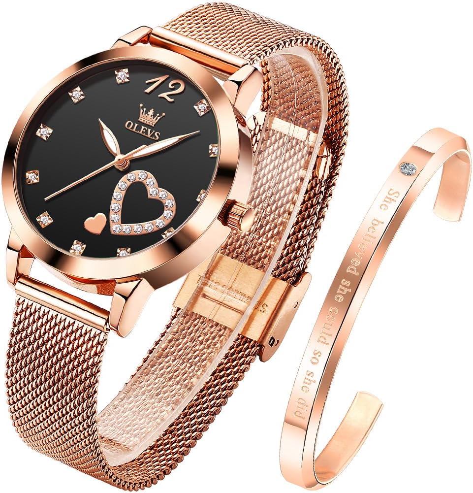 OLEVS Relojes para Mujeres y Juego de Pulseras Slim Casual Vestir Reloj de Muñeca para Dama Rosado Oro