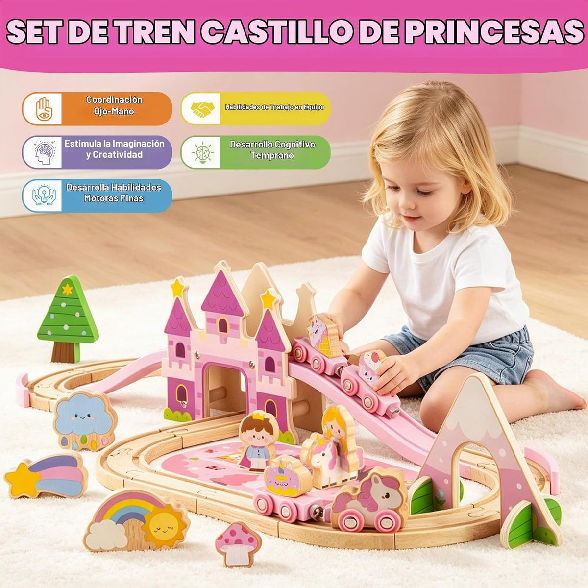 Juego de tren de madera para niñas, juego de tren de castillo de