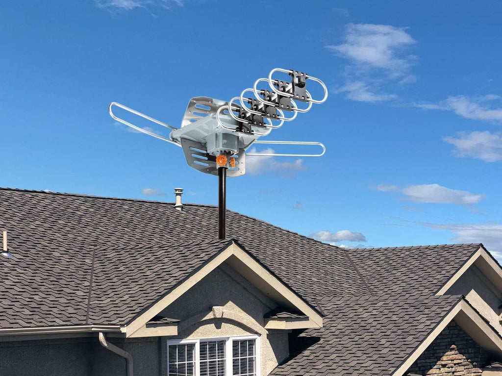 Five Star Antena HDTV digital para exteriores, rango de 241 km, control remoto inalámbrico, rotación de 360 grados, soporte de instalación Snap-On, para 5 televisores, con kit de instalación y poste