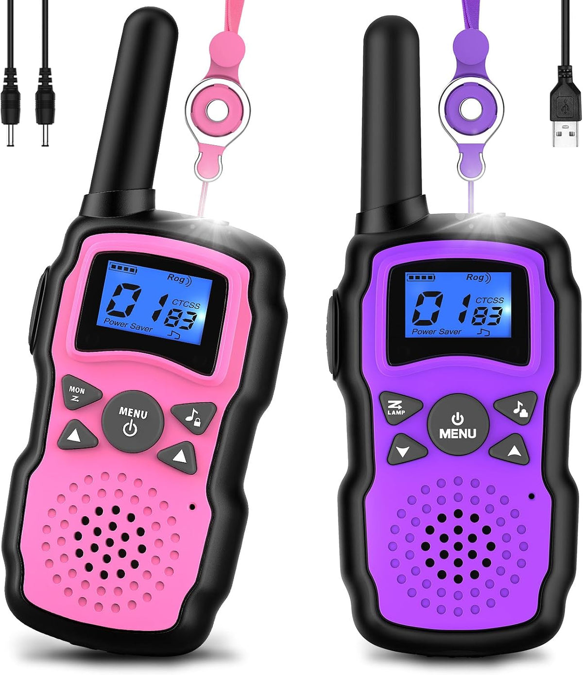 Walkie Talkies para niños recargable con cargador USB de 6000 mAh, juegos de campamento al aire libre con cordón de linterna, juguetes para niñas, regalo de cumpleaños de Halloween, Navidad, paquete de 2 unidades, rosa y morado