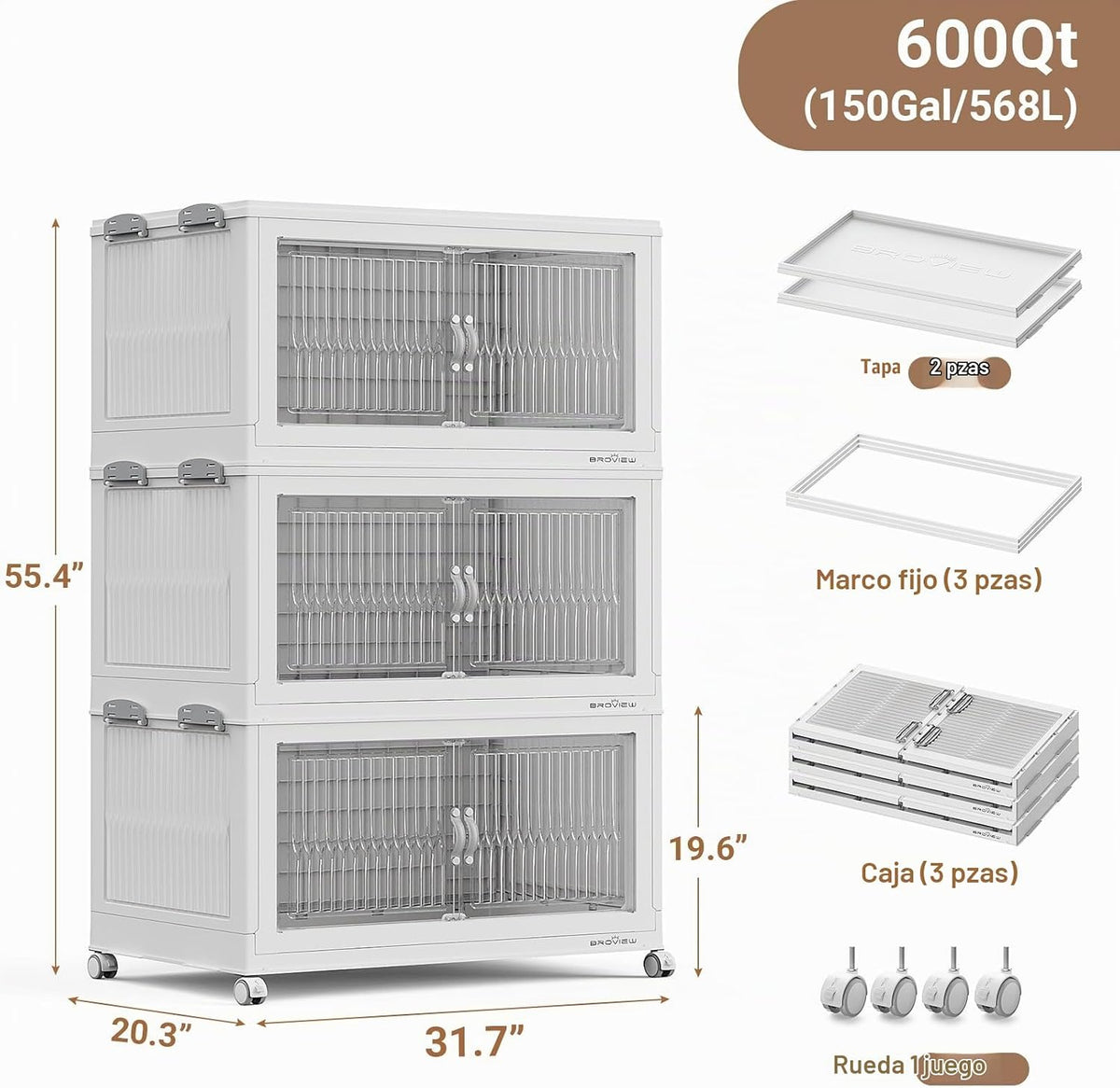 BROVIEW Contenedores de almacenamiento apilables de 600 cuartos con tapa