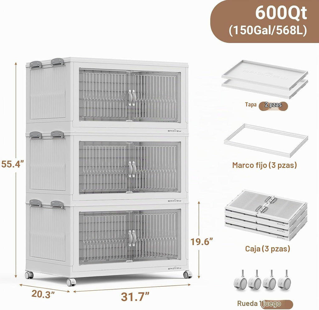 BROVIEW - Contenedores apilables extra grandes de 600 cuartos de galón con tapas, organizador de armario, cajas de cajones plegables con ruedas, contenedores de plástico plegables para el hogar