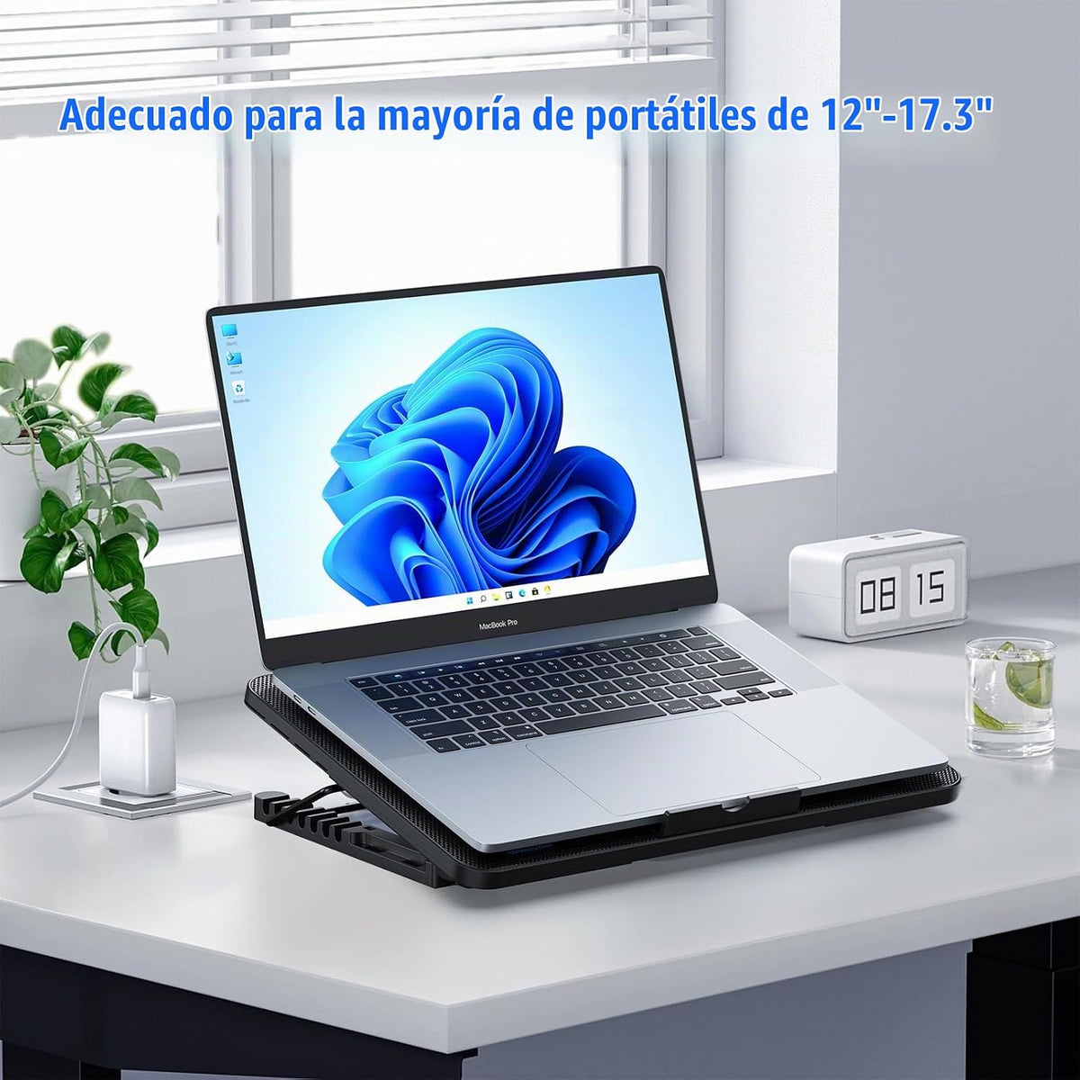 Almohadilla de enfriamiento para laptop, enfriador de laptop con 6 ventiladores silenciosos para portátiles de 12 a 17 pulgadas, soporte estable, 7 altura y velocidad del viento ajustable, 2 puertos USB y soporte para teléfono (negro)