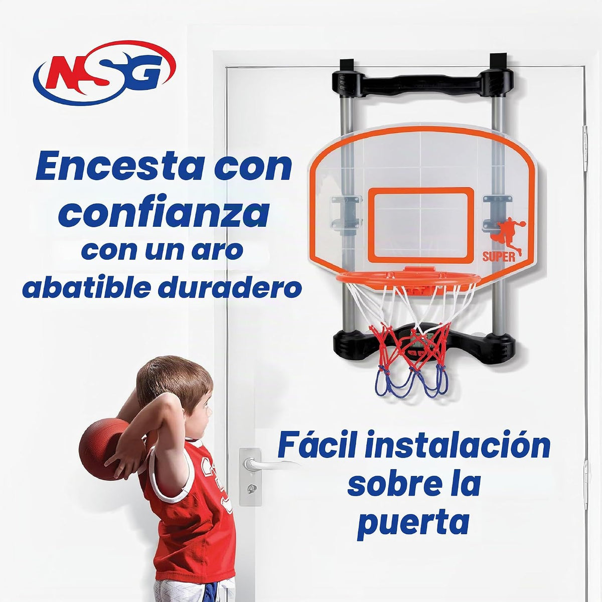 Aro de baloncesto sobre la puerta con reloj de tiro, puntuación electrónica y sonido