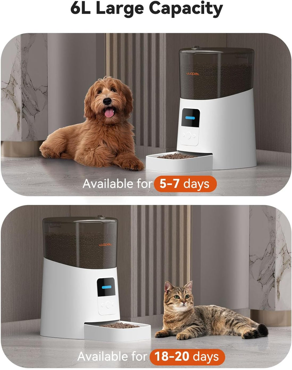 WOPET Comedero automático para gatos de 6 litros, alimentador automático WiFi para perros con control de aplicación para alimentación remota, dispensador de comida para gatos con sensor de alimentos