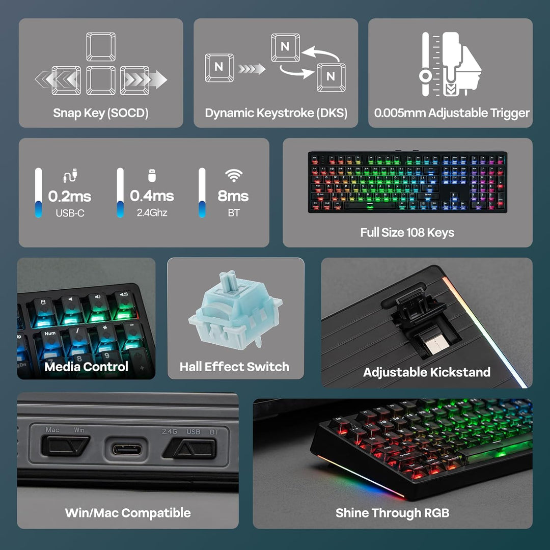 EPOMAKER HE108 Wireless Gaming Keyboard, 8K Polling &amp; 10000mAh,...