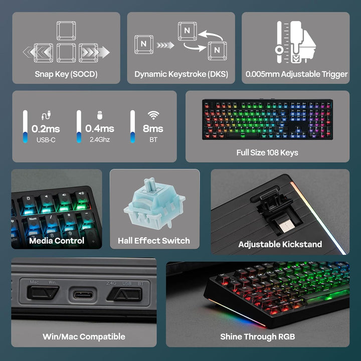 EPOMAKER HE108 Wireless Gaming Keyboard, 8K Polling &amp; 10000mAh,...