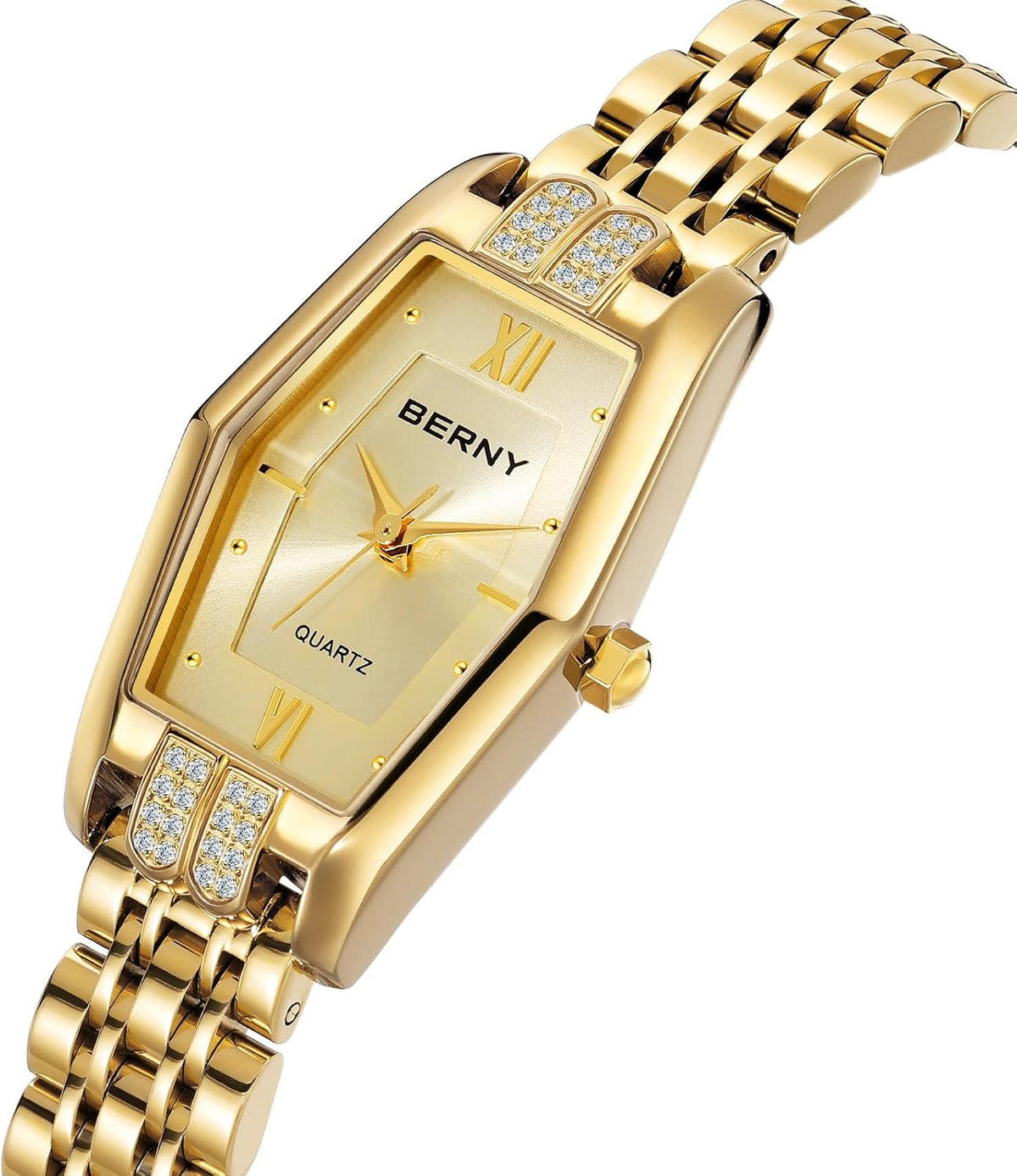BERNY Relojes de oro para mujer, delicado hexágono, reloj de pulsera de cuarzo para mujer, correa de acero inoxidable, reloj analógico de moda, pulsera de lujo