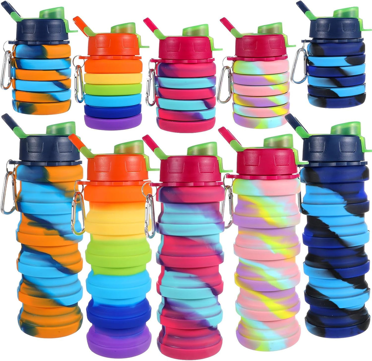 Paquete de 5 botellas de agua plegables de silicona de 17 onzas, portátiles, ligeras, plegables con mosquetón, a prueba de fugas, reutilizables, para viajes, camping, senderismo, ciclismo, deportes al aire libre (arcoíris)
