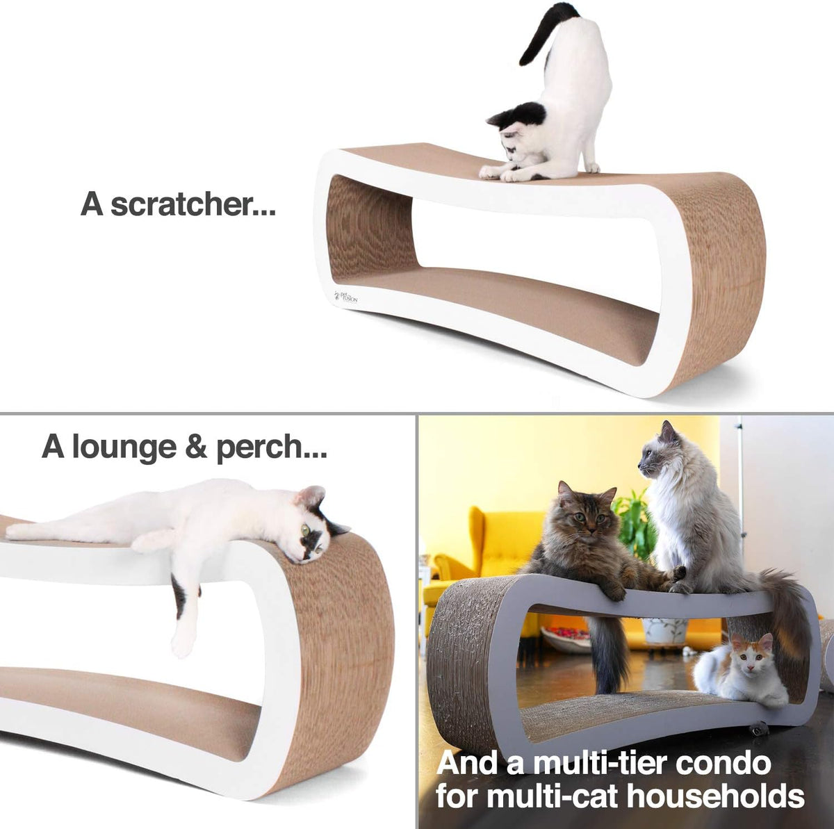 PetFusion - Camastro rascador para gatos, gigante, blanco, 39 x 11 x 14 pulgadas (largo x ancho x alto), 4 superficies de cartón, 2 niveles, para arañar/jugar/reposar/ocultarse, 100% cartón reciclable
