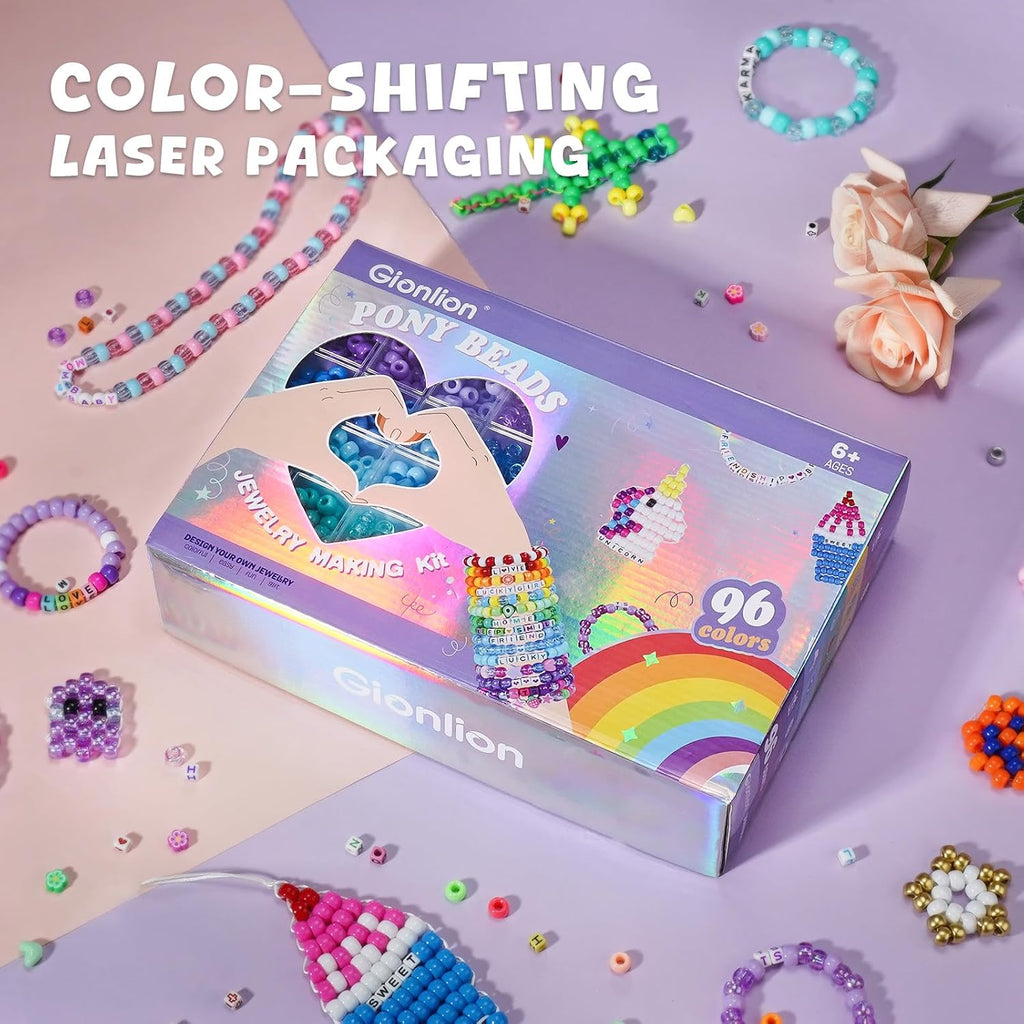 Gionlion Kit de pulsera de cuentas de poni de 96 colores, 3550 piezas, 5 cajas de pulseras de la amistad con cuentas de letras de 0.236 x 0.394 pulgadas, cuentas de arco iris para pulseras, joyería y llavero, regalo para el día de la madre
