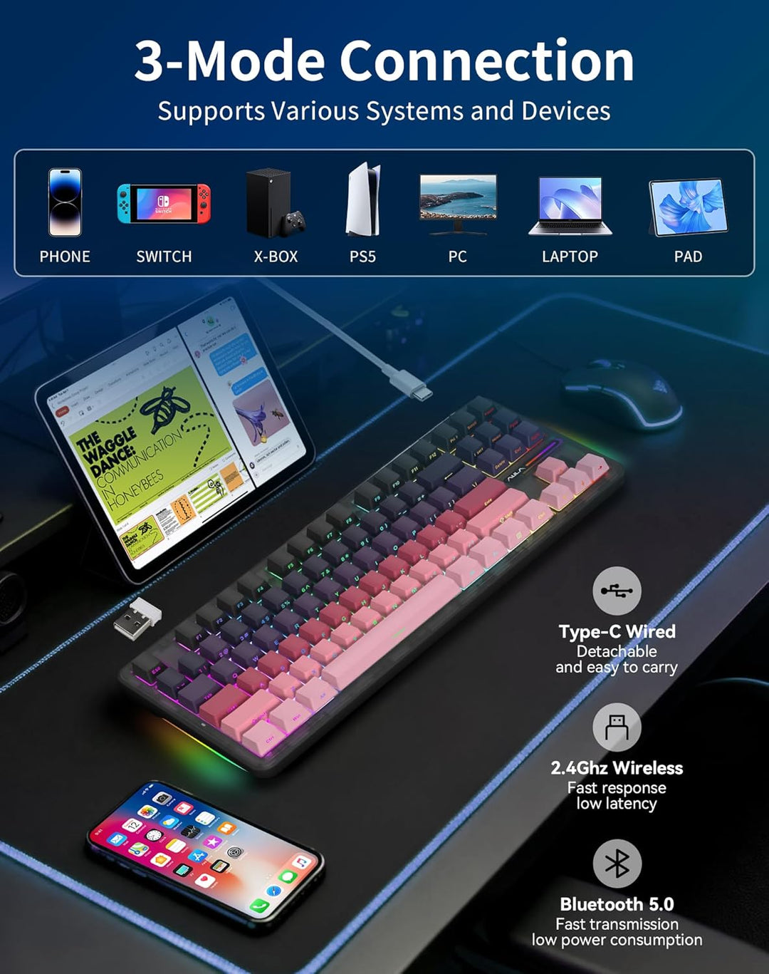 Aula F87 Pro Gaming Keyboard, Tri-Mode BT5.0\/2.4GHz\/USB-C Hot-Swa...