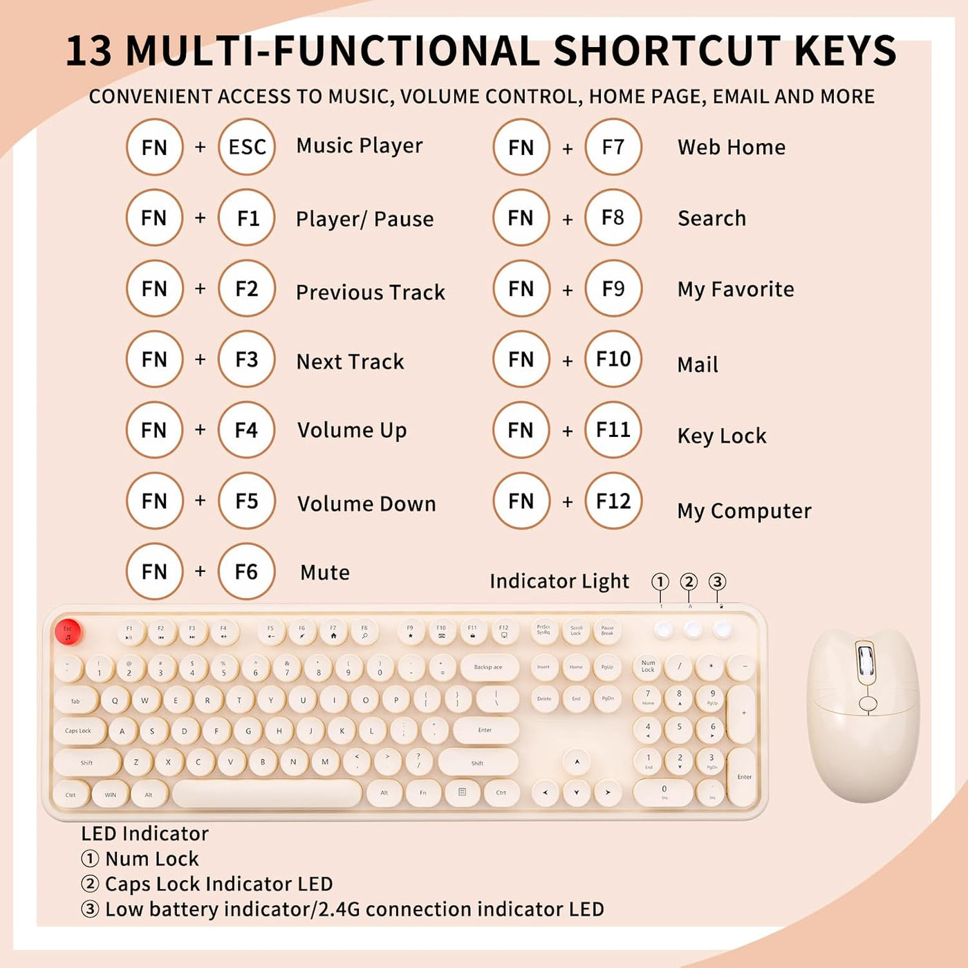 Teclado y mouse inalámbricos, 104 teclas redondas MOFII máquina de...