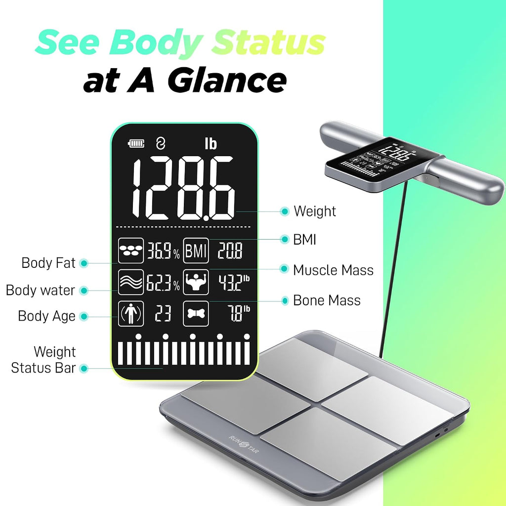 RunStar Báscula de 8 electrodos para peso corporal, mango de pantalla