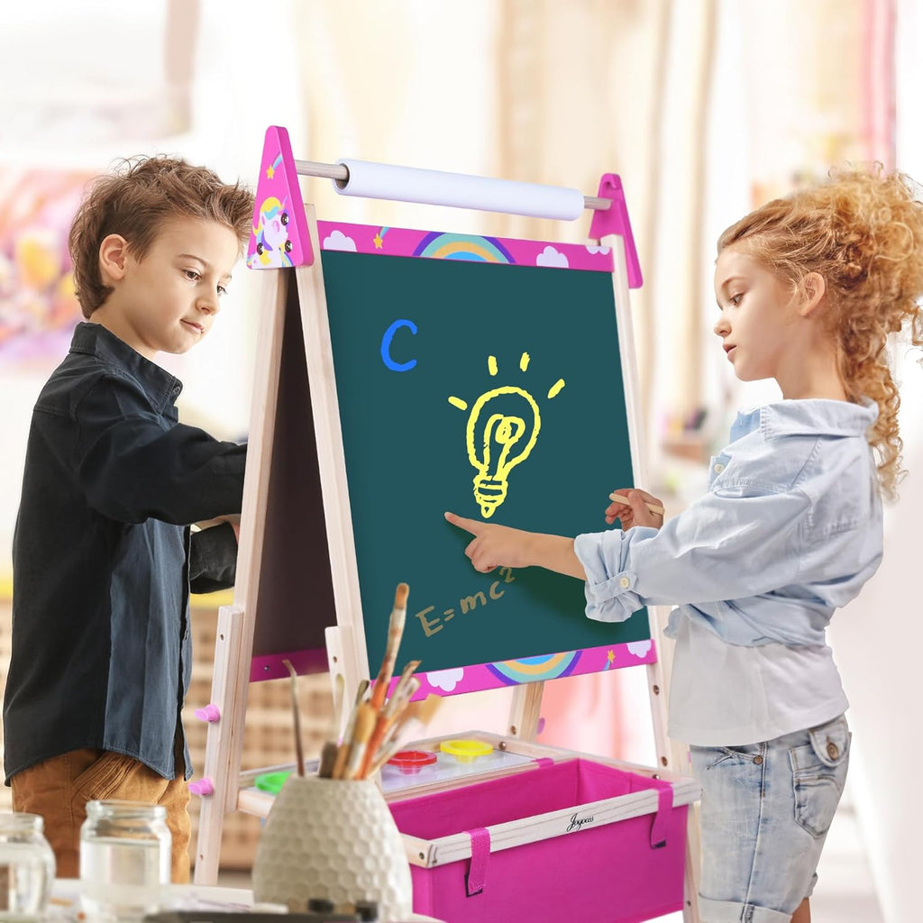 Joyooss Caballete artístico para niños, caballete para niños pequeños, estación de pintura ajustable, caballete de madera, caballete para niños pequeños, pizarra para niños, pizarra blanca y pizarra