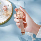 OLEVS Reloj de muñeca pequeño en tono oro rosa para mujer, lindo dial de números arábigos con corazón de diamante, pulsera de malla impermeable a la moda, vestido analógico para mujer