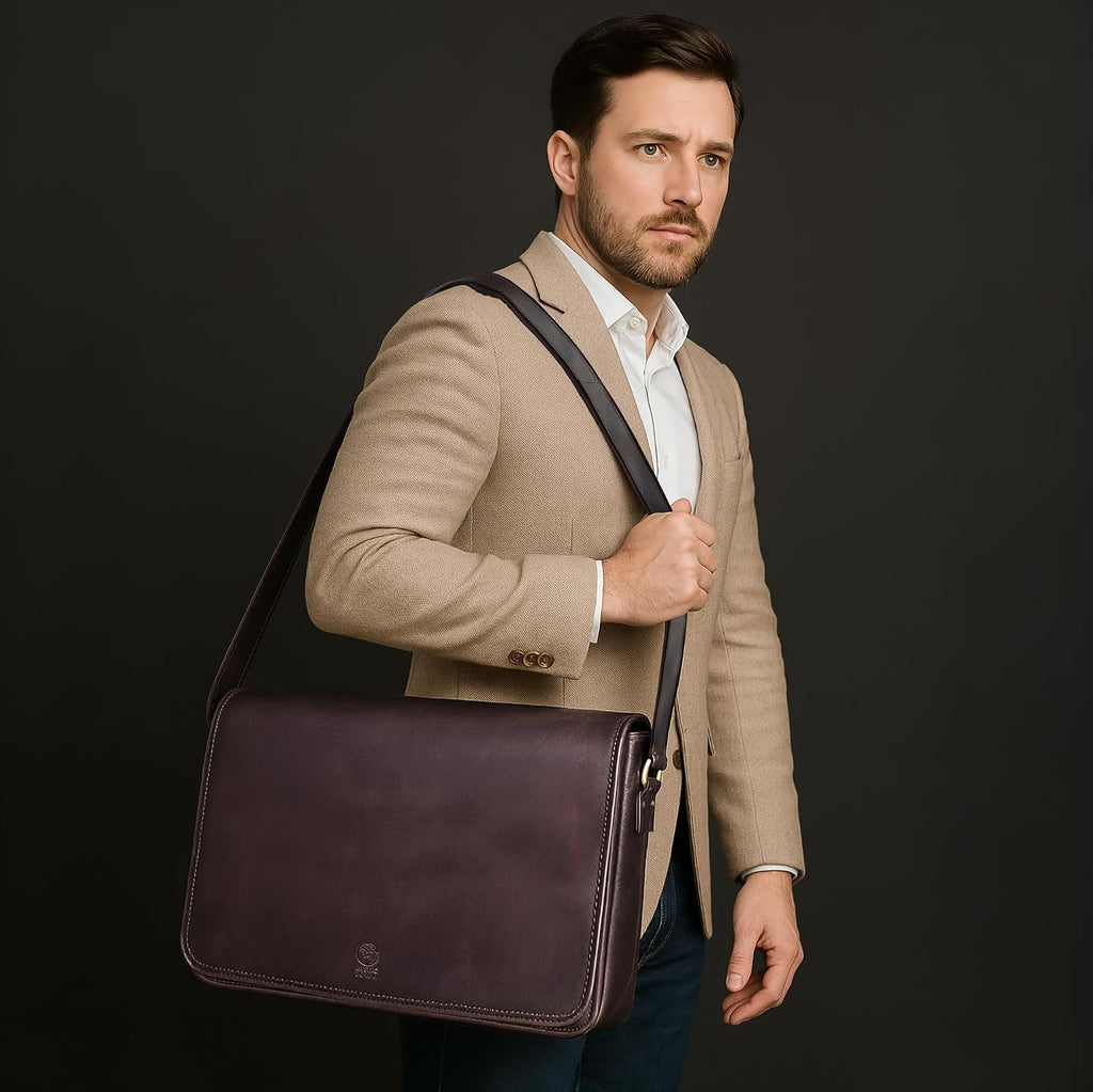 Bolso de mensajero de cuero para hombre, bolso vintage de grano completo