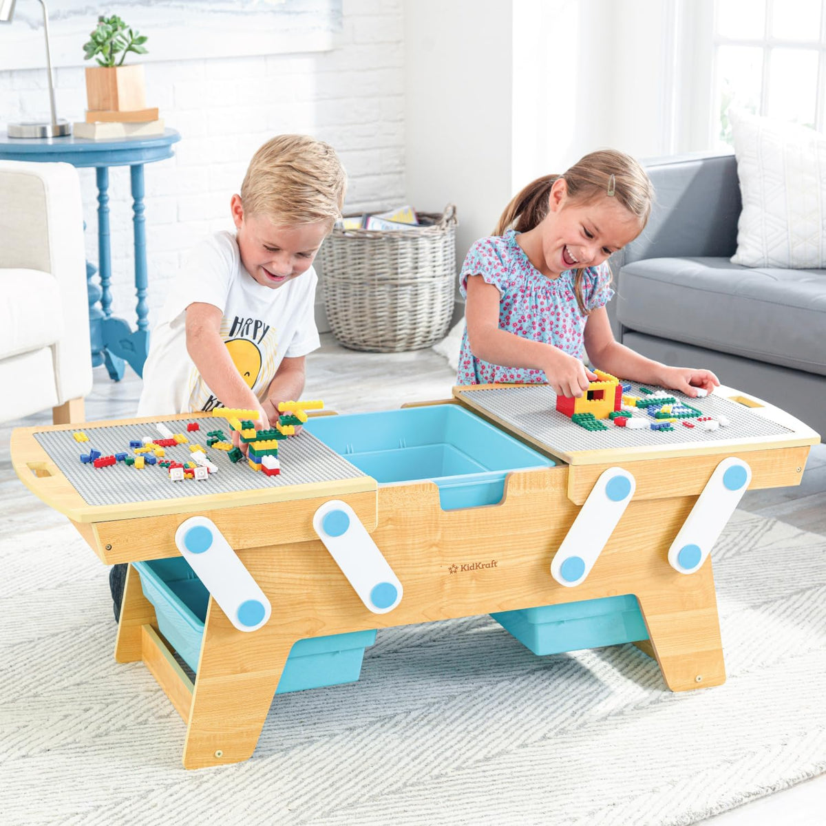 KidKraft Building Bricks Play N Store Wooden Table con 200+ Bricks, 3 Bins