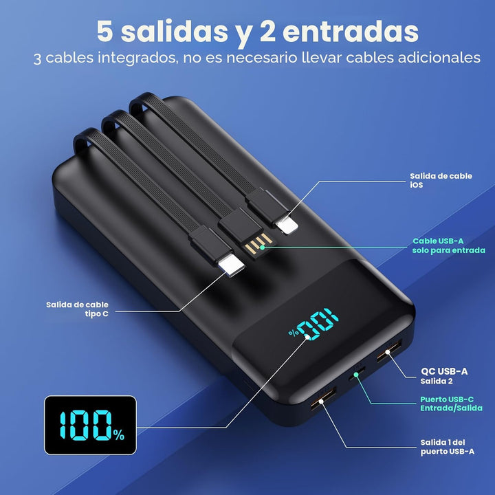 Banco de Energía Cargador Portátil 40800mAh con 3 Cables Integrados...