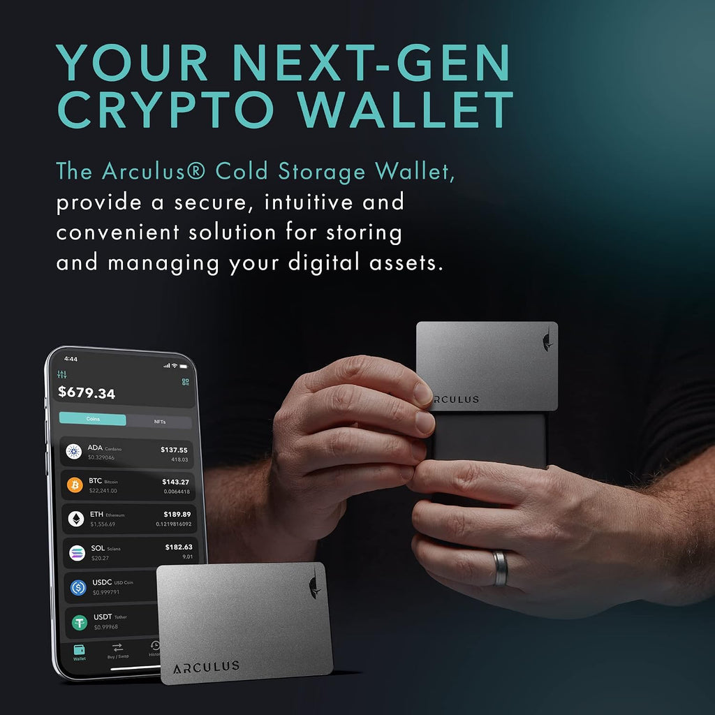 Arculus® Cartera de almacenamiento en frío criptográfico, billetera segura de Bitcoin, billetera de hardware criptográfico para NFT, Ethereum, Bitcoin, Cardano y otras criptomonedas, billetera criptográfica de autenticación de 3 factores, color plateado