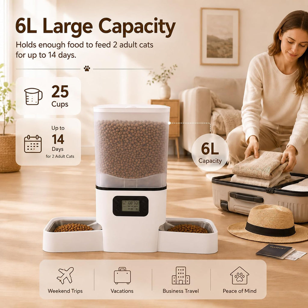 Comedero Automático para 2 Gatos y Perro Pequeño, 6L Gran Capacidad para Comida Seca