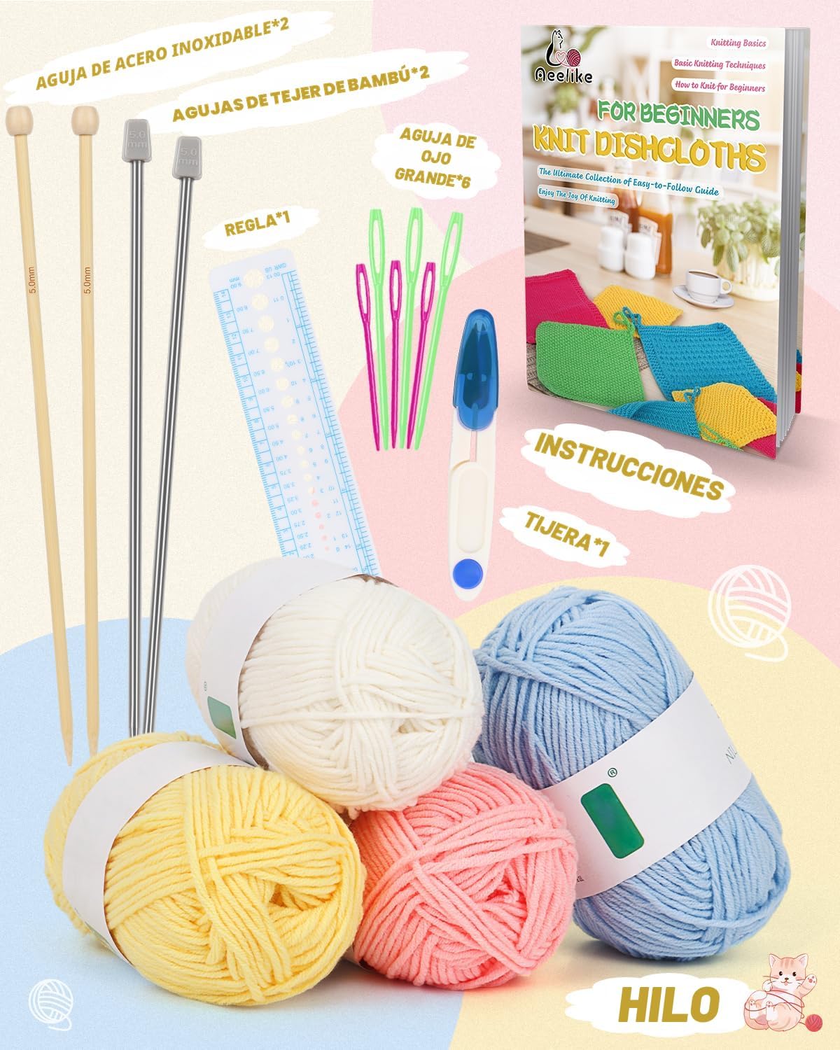 Aeelike Kit de Tejido para Principiantes Adultos, Set Fácil de Tejer Paños de Cocina, Color B