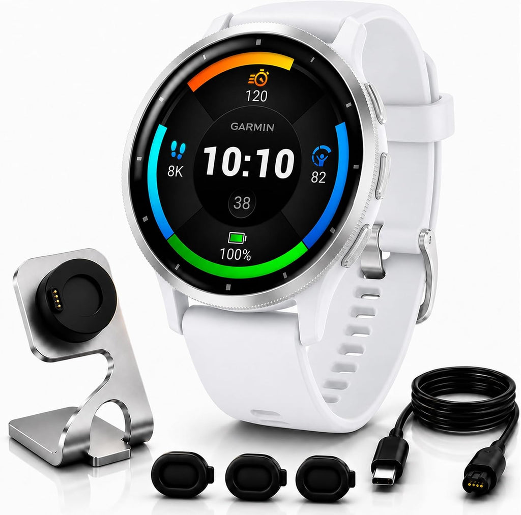 Garmin Reloj inteligente Venu 3 GPS, 1.772 pulgadas plata/piedra blanca, rastreador de actividad física con batería de 14 días y entrenador de sueño, incluye soporte de carga premium, cable de