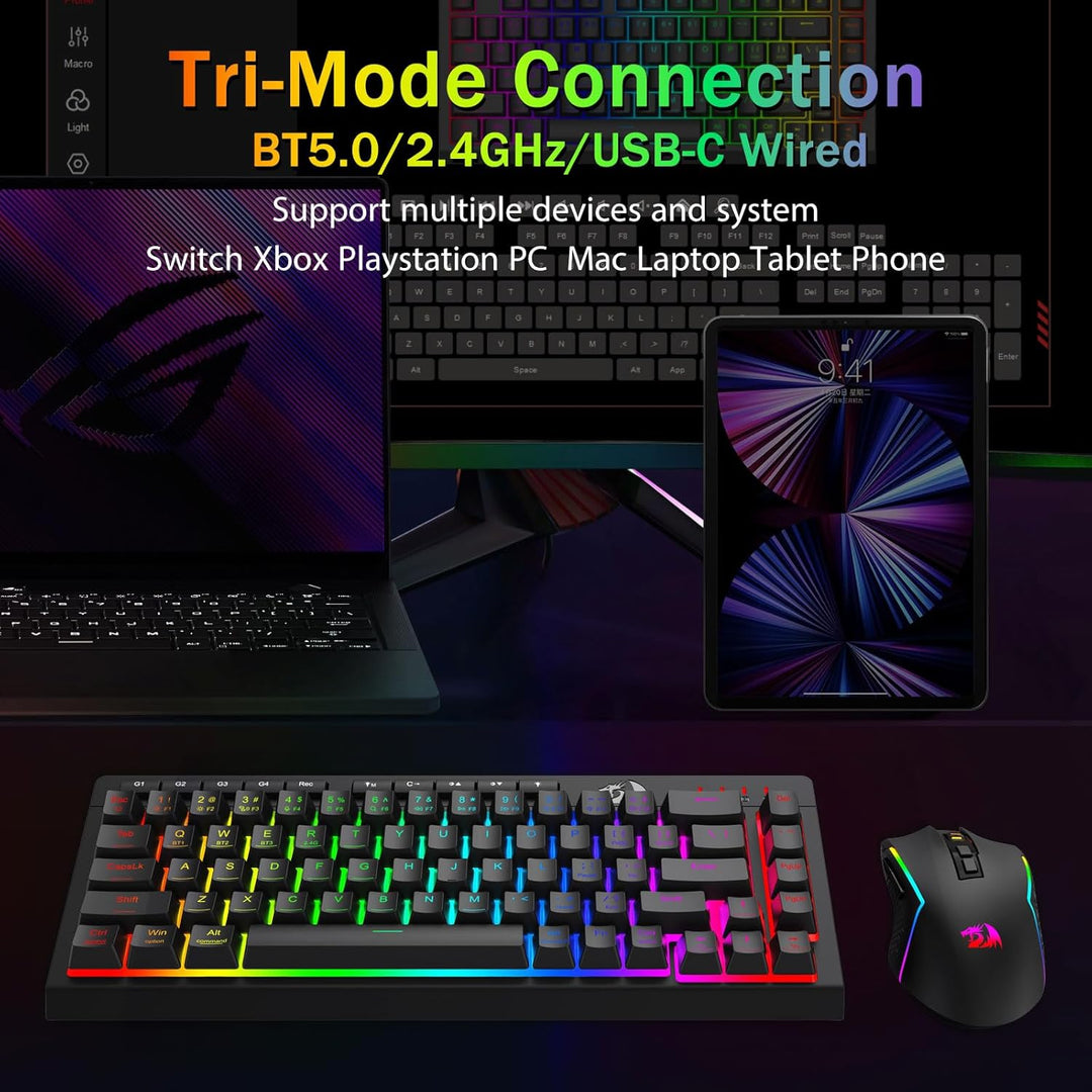 Redragon Teclado Gaming Inalámbrico Portátil, Bluetooth\/2.4GHz\/US...