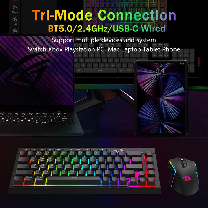Redragon Teclado Gaming Inalámbrico Portátil, Bluetooth\/2.4GHz\/US...