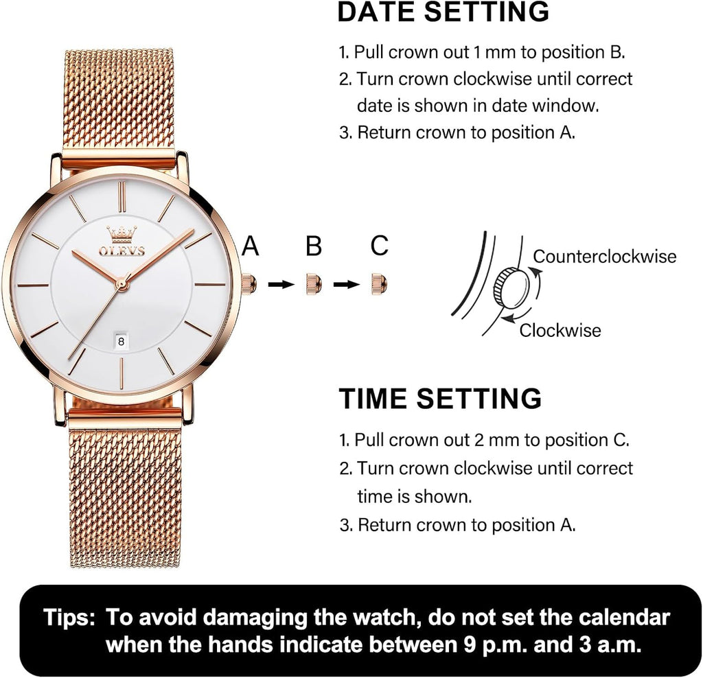 OLEVS Reloj de pulsera de malla para mujer, elegante cara grande de tres manecillas analógicas de cuarzo, reloj de pulsera femenino elegante y delgado con pantalla de fecha impermeable, relojes para