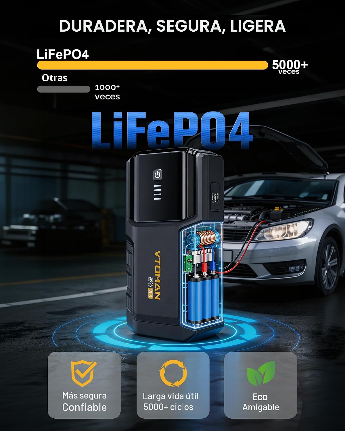 VTOMAN VL3 3000A LiFePO4 Arrancador portátil para hasta 7L de gas y 5L de