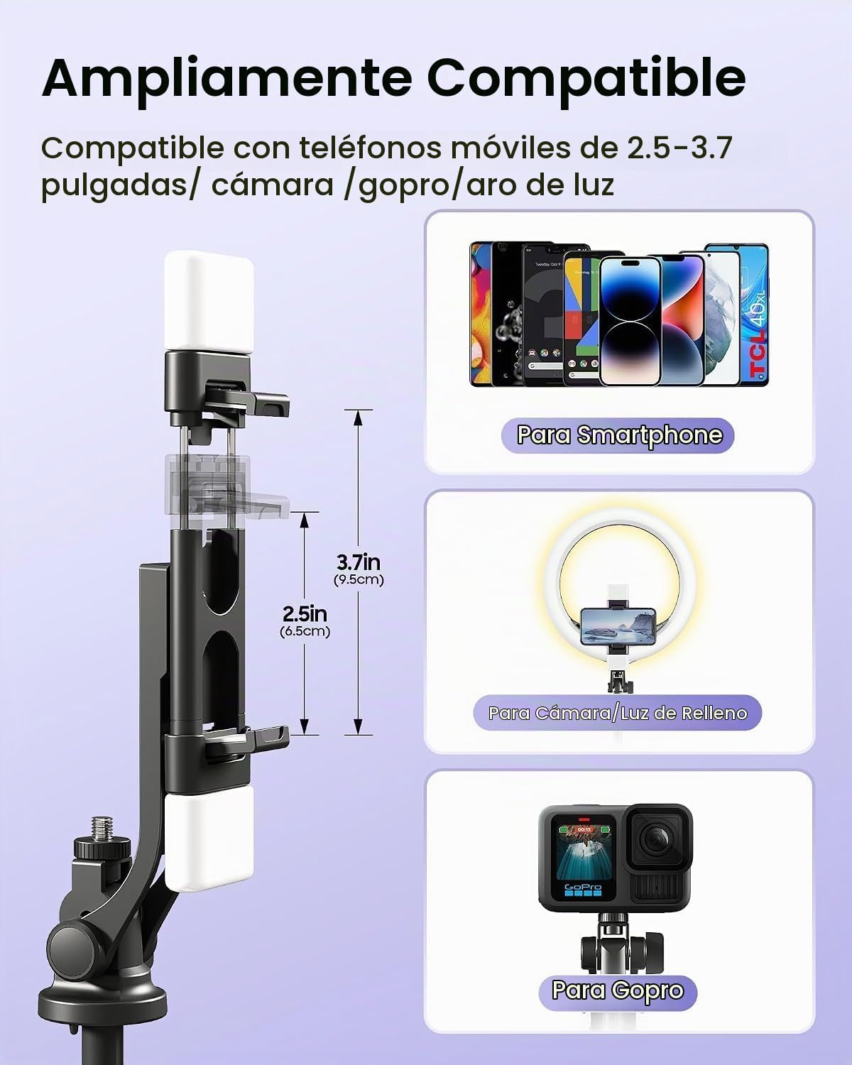 Trípode para selfie stick de 53 pulgadas con luz, soporte mejorado para teléfono celular de 4 patas, trípode para cámara con control remoto inalámbrico recargable y 2 luces de llenado, portátil