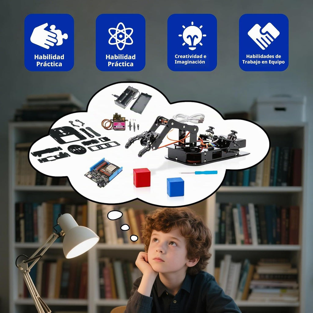 4DOF Kit de brazo robótico para niños compatible con Arduino IDE, programación ESP32 Kit de construcción de brazo robot inteligente STEM juguete educativo de escritorio con joystick y control de