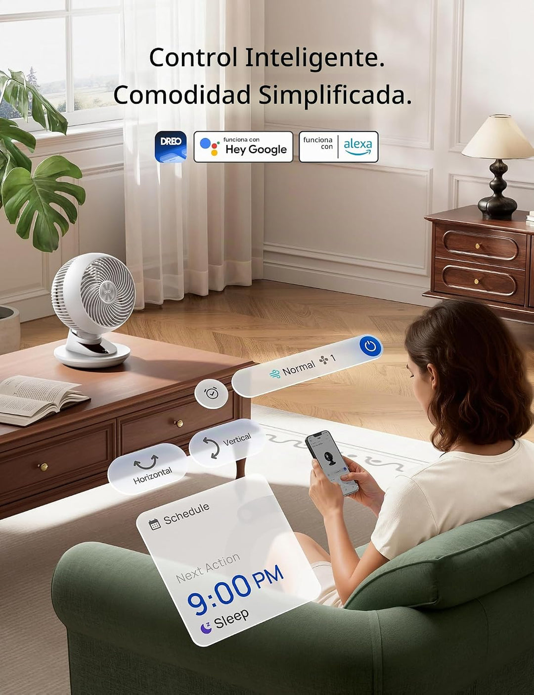 DREO Ventilador inteligente para dormitorio, potente flujo de aire...