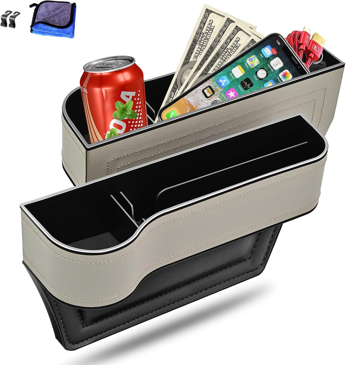 Organizador de espacio para asiento de automóvil, paquete de 2 organizadores multifuncionales para asientos de automóvil, caja de almacenamiento lateral de consola automática con portavasos, 2 ganchos de asiento para bebidas, organizador de automóvil para