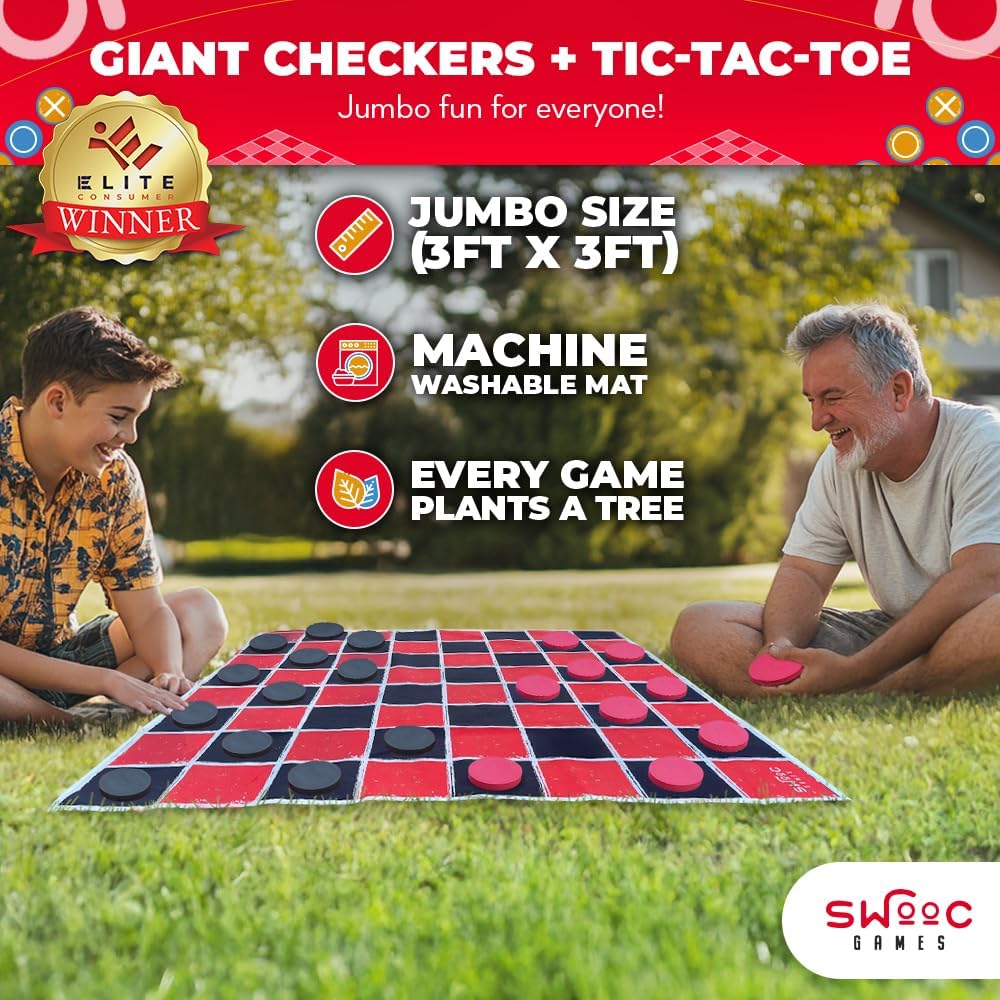 Swooc Games® - Juego Vintage Gigante de Damas y Tres en Raya 2 en 1 con Tapete (3 pies x 3 pies) - Lona 100% Lavable a Máquina - Juegos Gigantes al Aire Libre para Niños - Juego de Patio para Niños