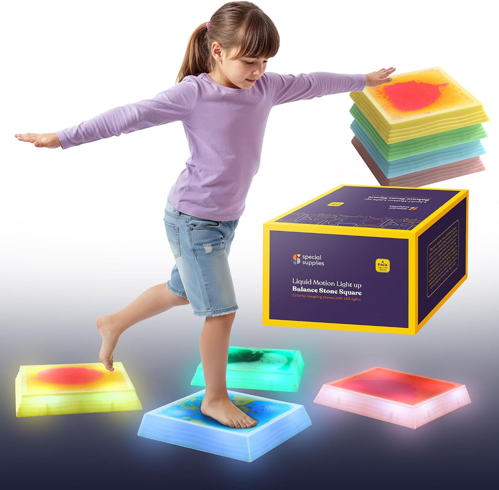 Special Supplies - Piedras LED de gel líquido para niños, bloques de equilibrio cuadrados iluminados, promueven la coordinación, el equilibrio, la fuerza para los niños, goma antideslizante duradera, juego seguro en interiores y exteriores, paquete de 4